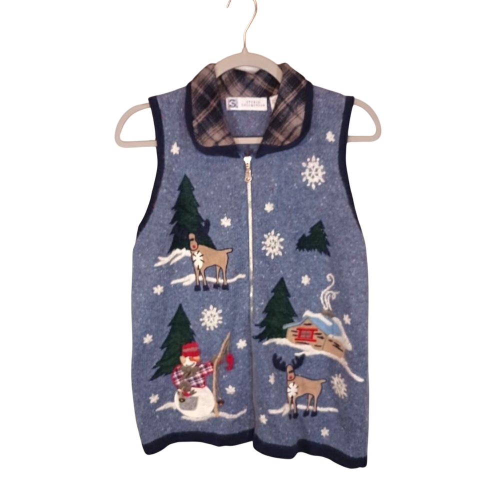 Vintage Christmas Ugly Christmas Reindeer Snowman Winter Zip Vest Size M
